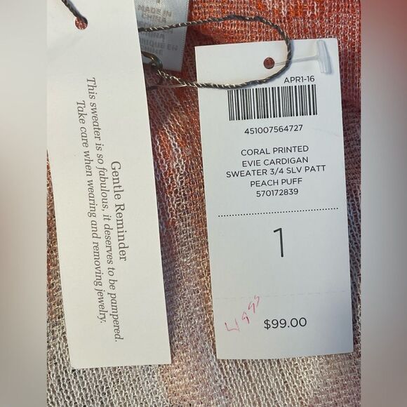 Chico’s Peach & Pink Coral Printed Evie Cardigan 1 (6-8) - Picture 4 of 5